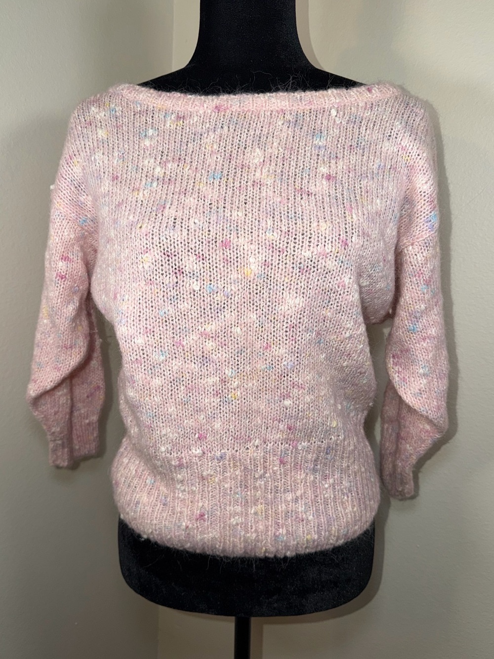 Vintage T.Q. Pink Wool Half Sleeve Sweater 80’s Pastel Comfy Cottage Confetti